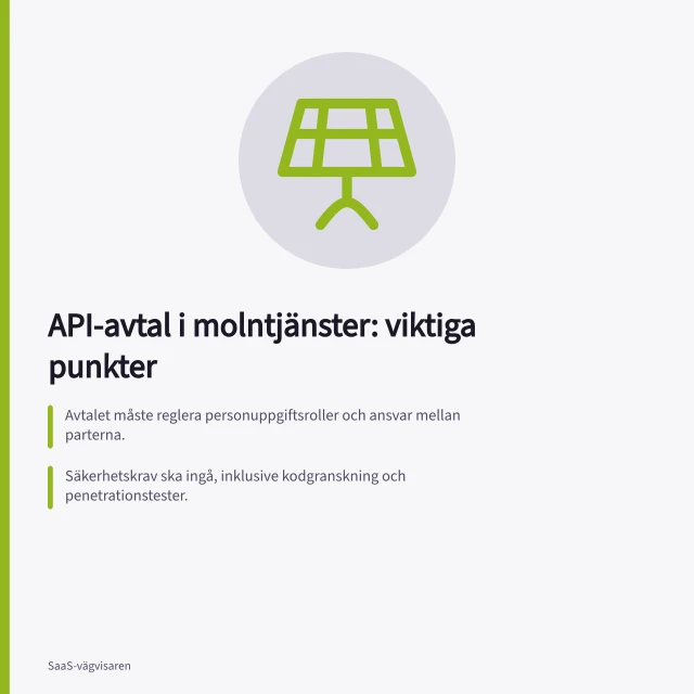 API-avtal i molntjänster: viktiga punkter: Avtalet måste reglera personuppgiftsroller och ansvar mellan parterna.; Säkerhetskrav ska ingå, inklusive kodgranskning och penetrationstester.; Tredjelandsöverföringar kräver konkreta överföringsverktyg enligt GDPR. API-åtkomst i molntjänster: vad bör ingå i avtalet?