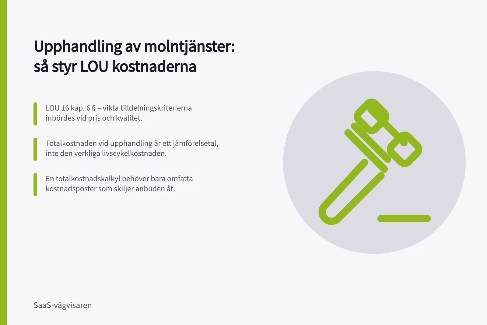 Upphandling av molntjänster: så styr LOU kostnaderna: LOU 16 kap. 6 § – vikta tilldelningskriterierna inbördes vid pris och kvalitet.; Totalkostnaden vid upphandling är ett jämförelsetal, inte den verkliga livscykelkostnaden.; En totalkostnadskalkyl behöver bara omfatta kostnadsposter som skiljer anbuden åt.