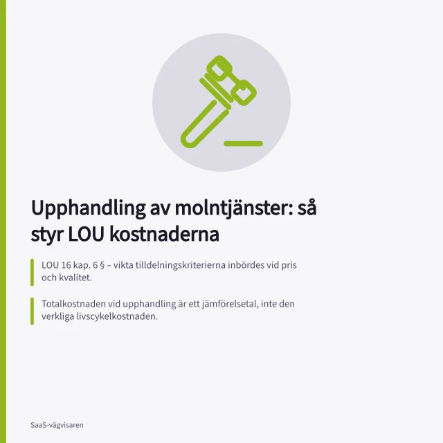 Upphandling av molntjänster: så styr LOU kostnaderna: LOU 16 kap. 6 § – vikta tilldelningskriterierna inbördes vid pris och kvalitet.; Totalkostnaden vid upphandling är ett jämförelsetal, inte den verkliga livscykelkostnaden.; En totalkostnadskalkyl behöver bara omfatta kostnadsposter som skiljer anbuden åt. Upphandling av molntjänster: så styr LOU kostnaderna